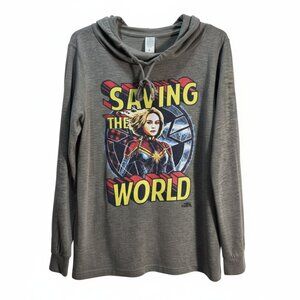 NWOT Marvel Captain Marvel "Saving the World" Graphic Hooded Shirt | Size Large